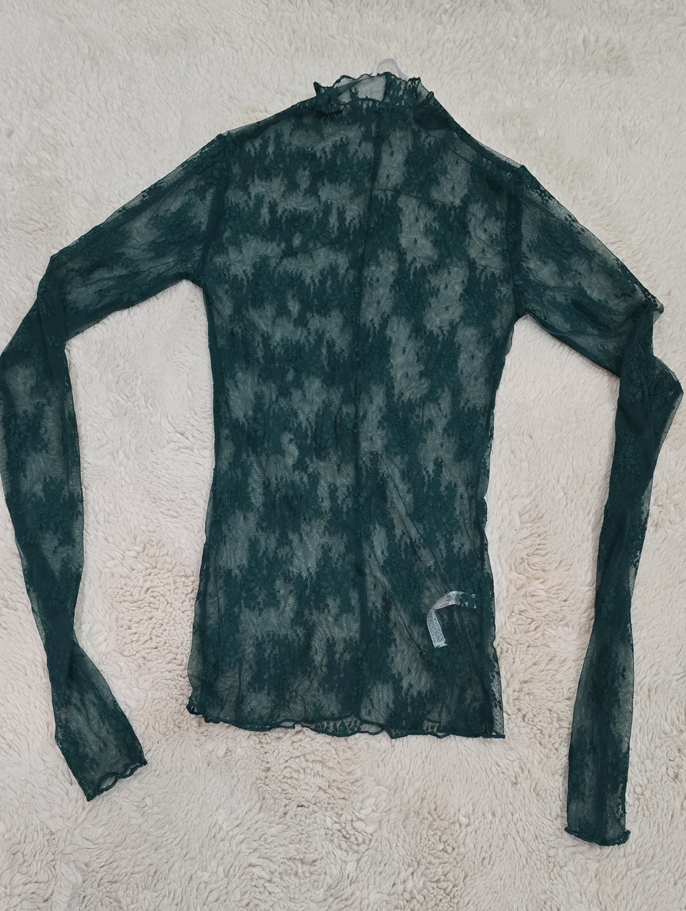 Sheer Lace Mock-Neck Long-Sleeve Top in Deep Green
